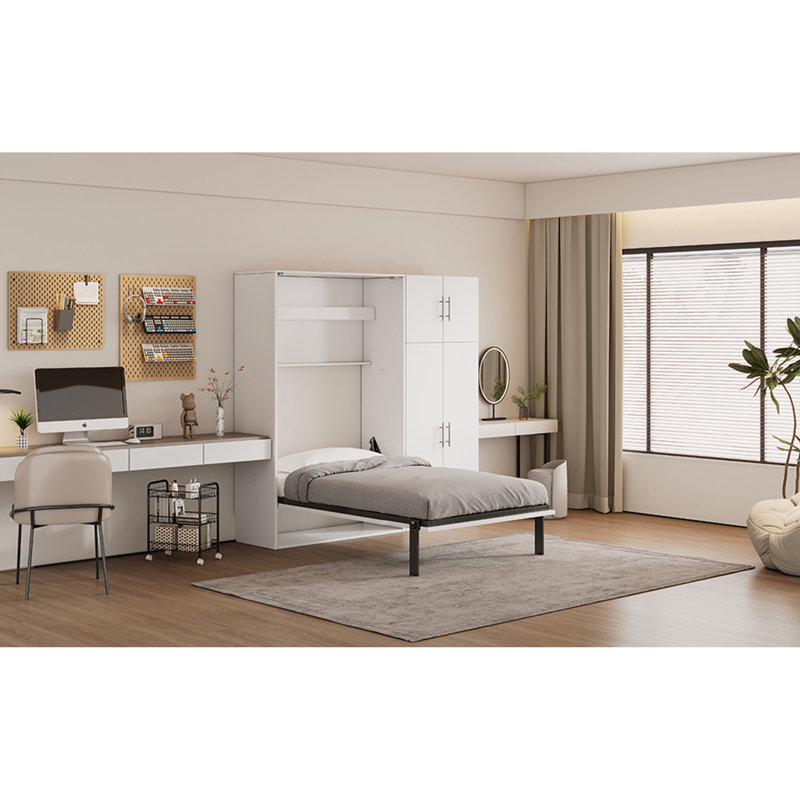 Lit escamotable simple avec casiers et armoires, blanc