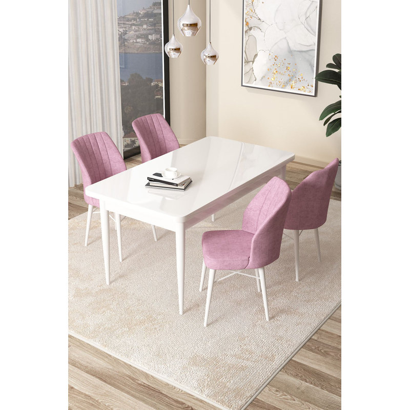 Ensemble de table et chaises de salle à manger moderne 5 pièces, blanc et rose | Table de 43,3 po x 29,9 po x 27,9 po, chaises de 17,7 po x 35,4 po x 16,5 po | Panneau 100% aggloméré mélaminé, pieds en bois, structure en métal, coussins en mousse confortables, design élégant et fonctionnel