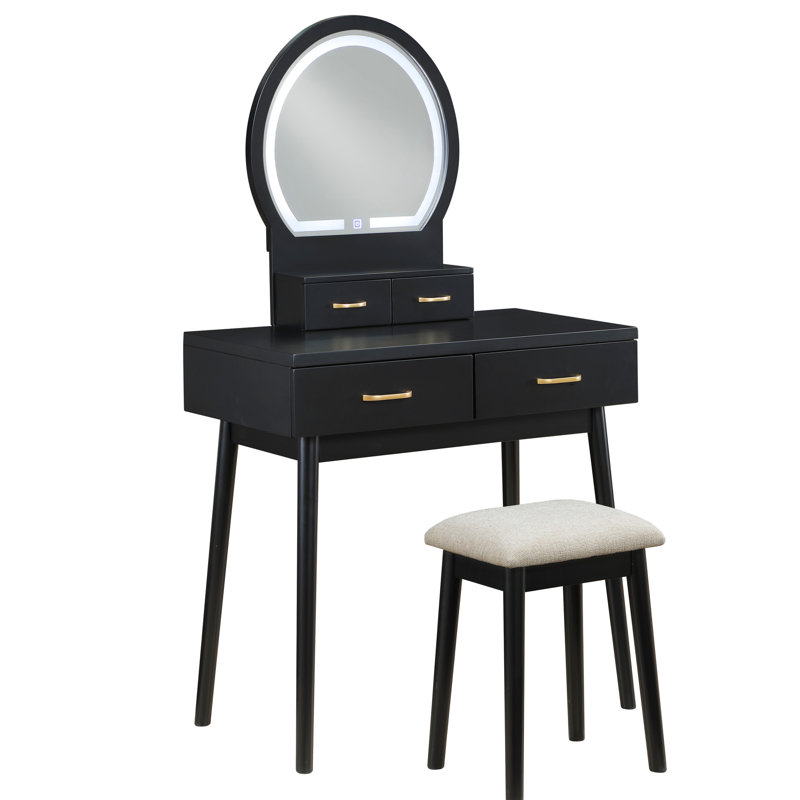 Practical And Stylish Vanity Dresser With Black Finish, 4 Drawers, Led Mirror, Stool For Bedroom High - Quality Lighted Matching