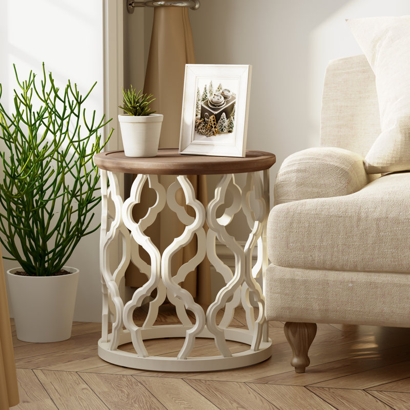 Farmhouse Tray Top Round End Table With Curved Motif Frame Base, White