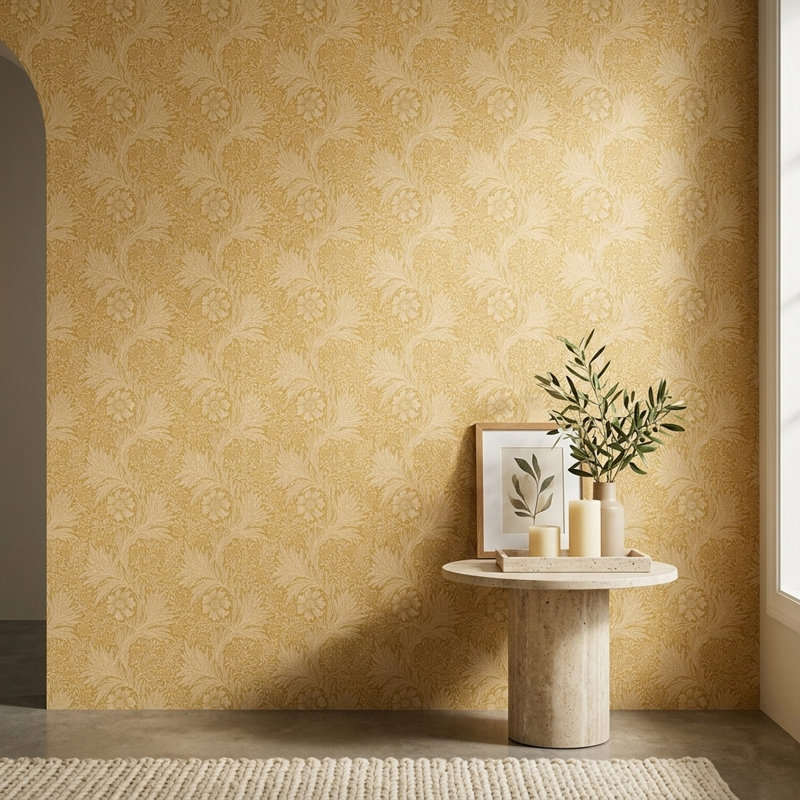 Papier peint floral moutarde et crème avec motif de feuilles, Textured Non-Pasted