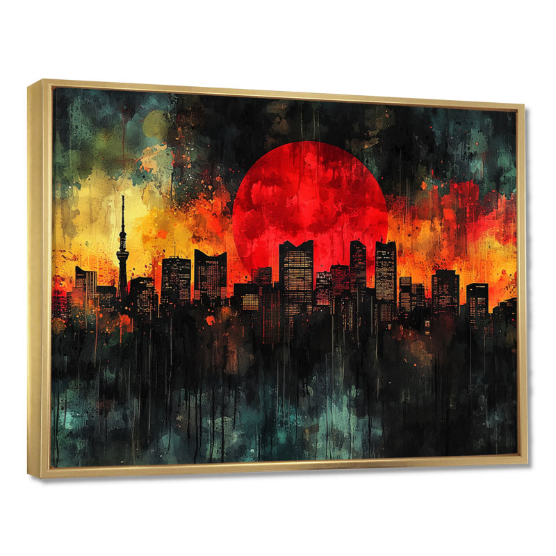 Orange orange, noir, horizon de Tokyo I - Japon, art mural, H 30 po x l 40 po, Impression encadrée flottante, Doré