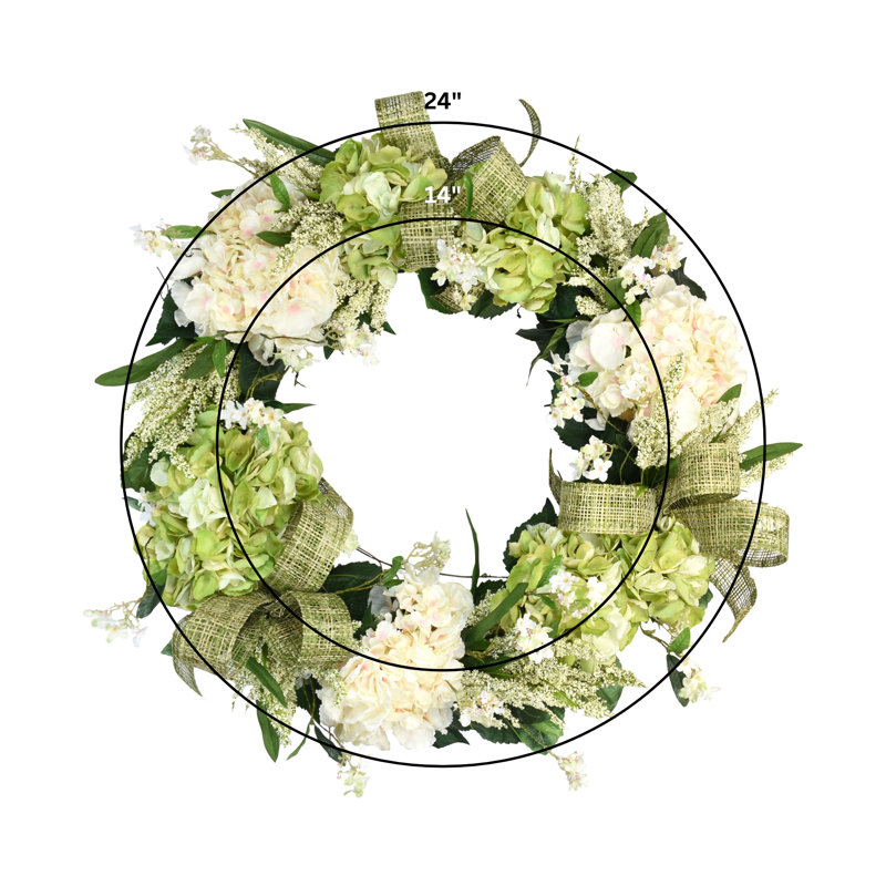 28" Grapevine Wreath With White And Green Hydrangea, Cream Heather And Wild Spray With Bows
