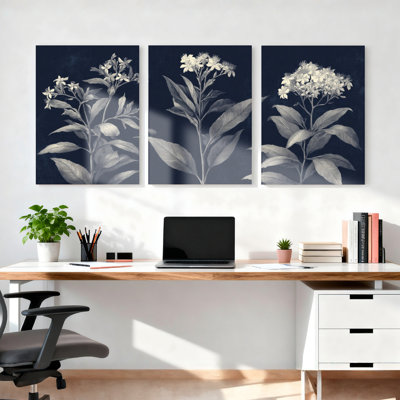 Botanical Floral Print Navy Blue Canvas Wrapped Wall Art Set of 3