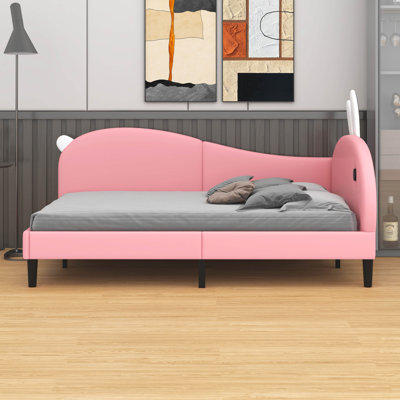 Structure de lit double rembourré pour enfants - Tête de lit à oreilles de lapin, lit de jour pour enfants en forme de lapin (idéal pour les filles)
