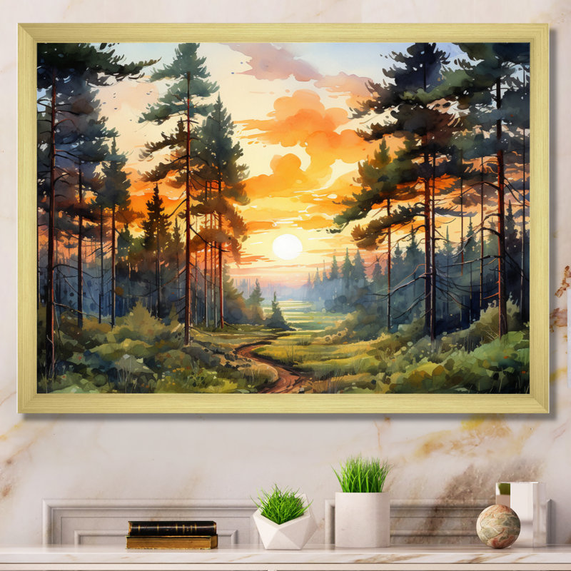 «Pine Tree Sunset Glow I», art encadré pin, Cadre doré simple, H 12 po x l 20 po x P 1 po
