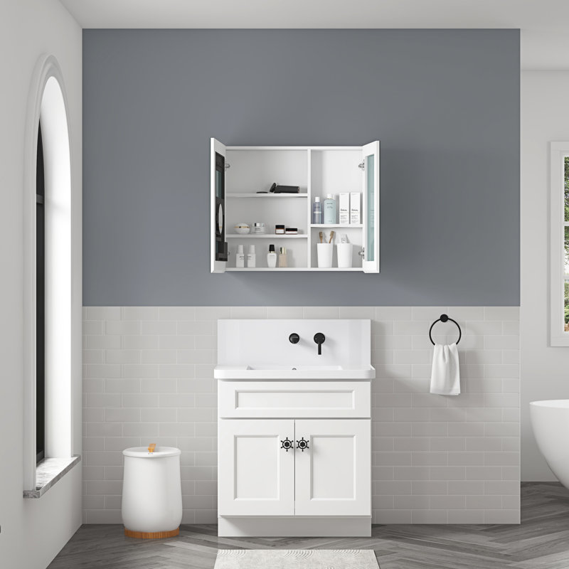 Armoire à pharmacie de salle de bain l 30 po H 26 po avec miroir haute définition, finition biseautée, bois d'ingénierie blanc et charnières à fermeture en douceur, bois, configuration de rangement