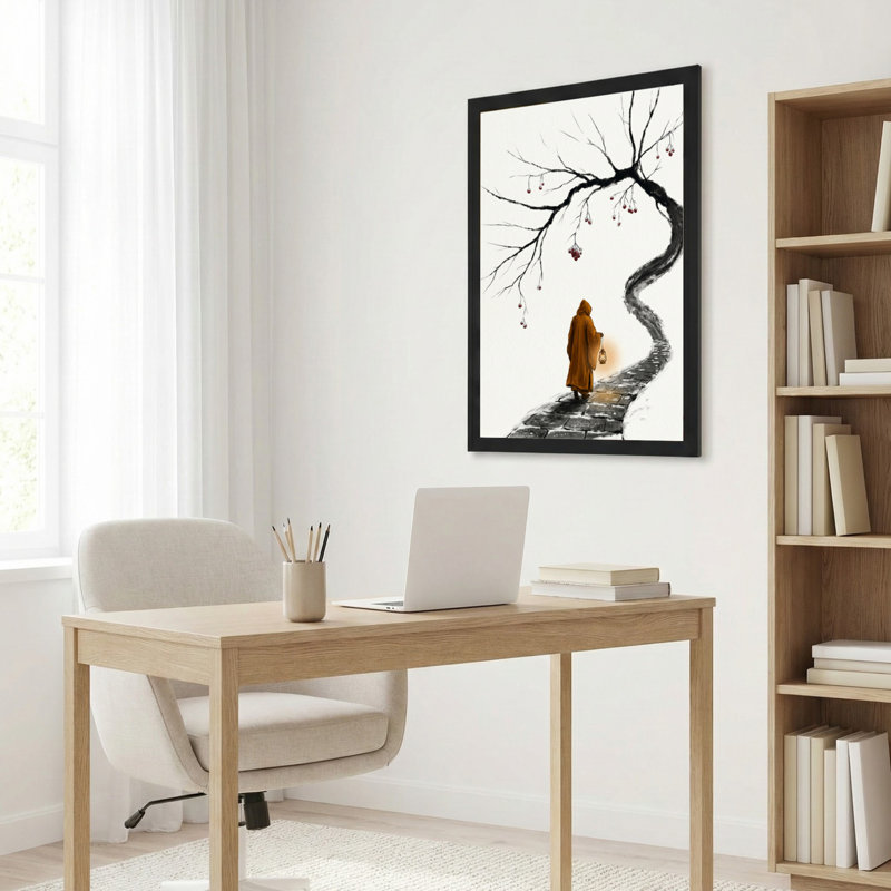 Toile noire encadrée en bois noir pour le salon, la chambre à coucher, le bureau ou le vestibule - décoration murale décorative avec sentier zen
