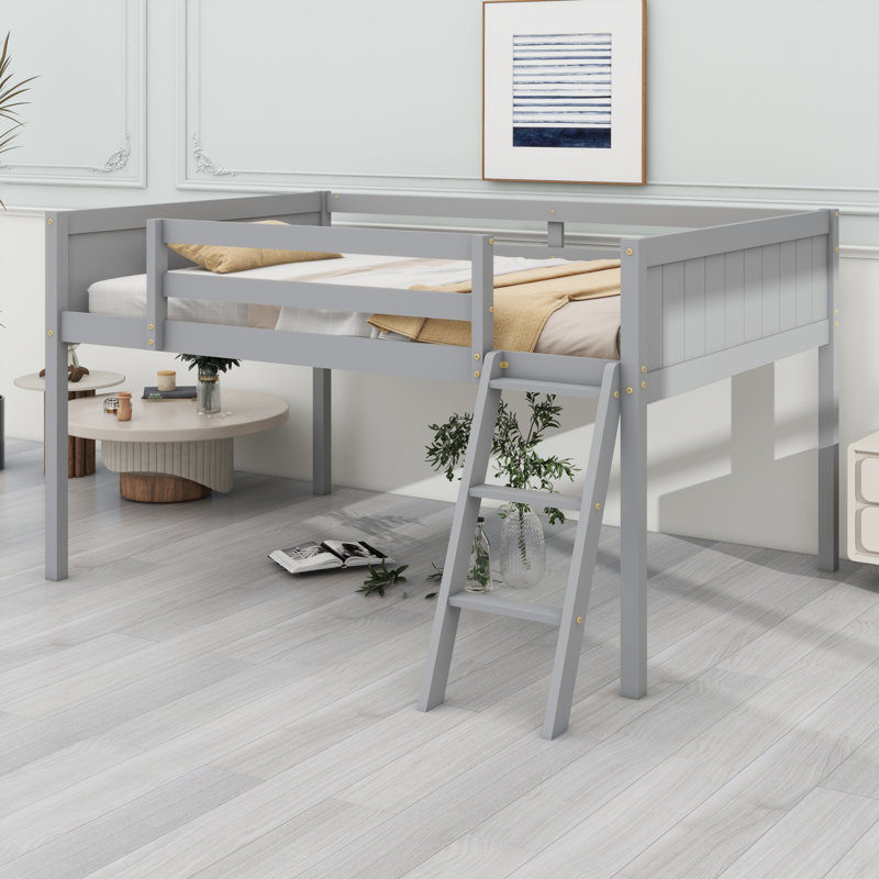 Lit mezzanine bas en bois avec échelle, l'échelle peut être placée à gauche ou à droite, Gris