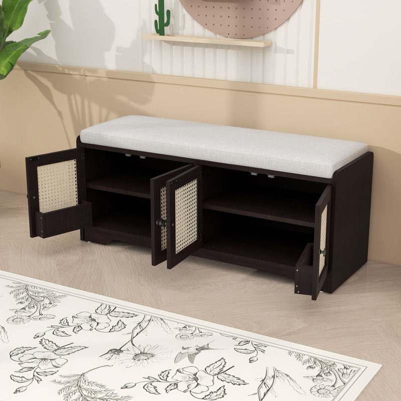 Banc de rangement avec coussin, tablettes réglables et portes en rotin tissé, Espresso