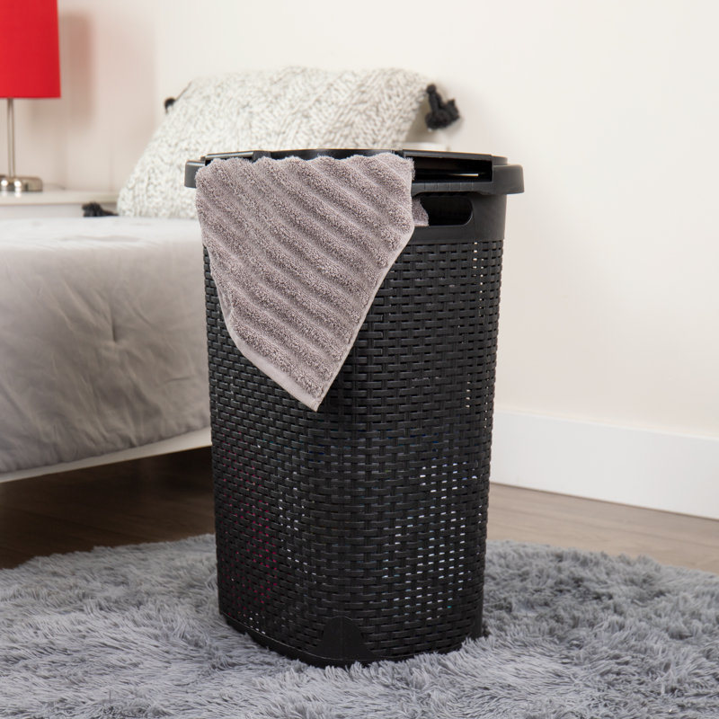  40L Slim Laundry Hamper, Clothes Basket, Lid, Wicker Design, Plastic, Set of 3, 24.15" H x 13.75" W x 17.65" D, Black