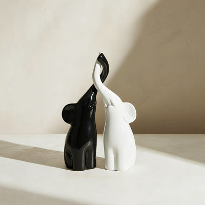 Modern Loving Elephant Sculpture, Abstract Black And White Trunk Up Elephants For Shelf, Desk Accent Decor (set Of 2)