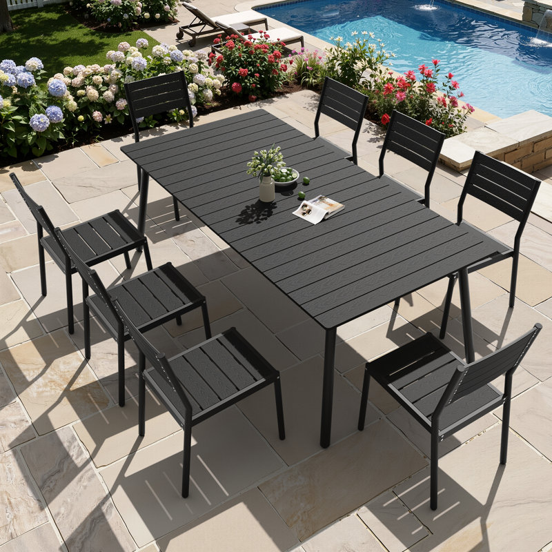 Cyanni 8 - Person 82.5'' L Outdoor Dining Set with Umbrella Hole, Black