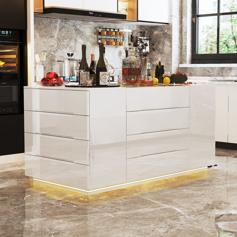 63" W Solid and Manufactured Wood Kitchen Island with Glass Base