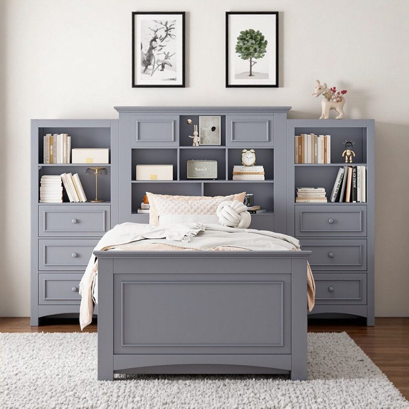 Lit plateforme moderne gris avec armoire verticale et 8 tiroirs de rangement - Conception en bois massif, Gris