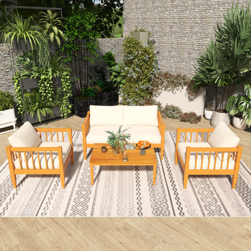 Ensemble de conversation de patio 4 pièces en bois avec coussin beige, Teck