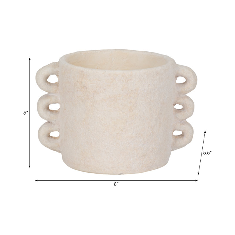 Pottery and Cement Planter with Unique Multi-Loop Handle Design Stylish Contemporary Accent, 5" H x 8" W x 5.50" D, White