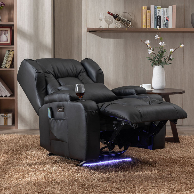 Faux Leather Power Reclining Home Theater Seat with Cup Holder, Black