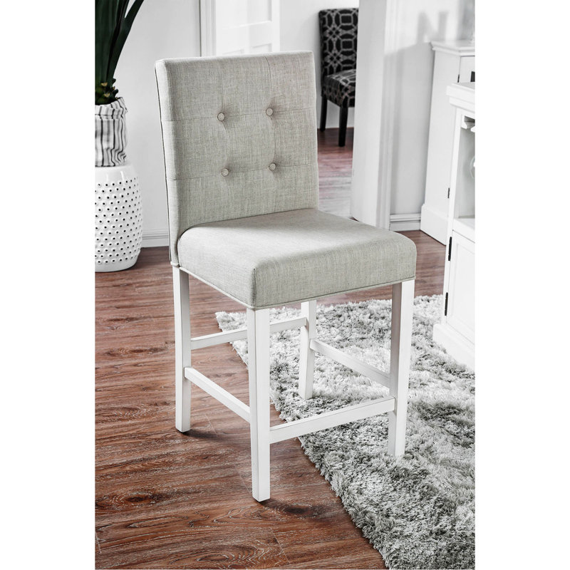 Ensemble de chaises de salle à manger à hauteur de comptoir 2 pièces en bois massif blanc antique avec dossier capitonné et rembourré.