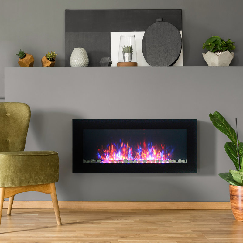 Foyer mural noir électrique 1500 W, 41,3 po, effet de flamme et 7 lumières de couleur, réchauffe un espace de 161 à 400 pieds carrés avec 400 zones