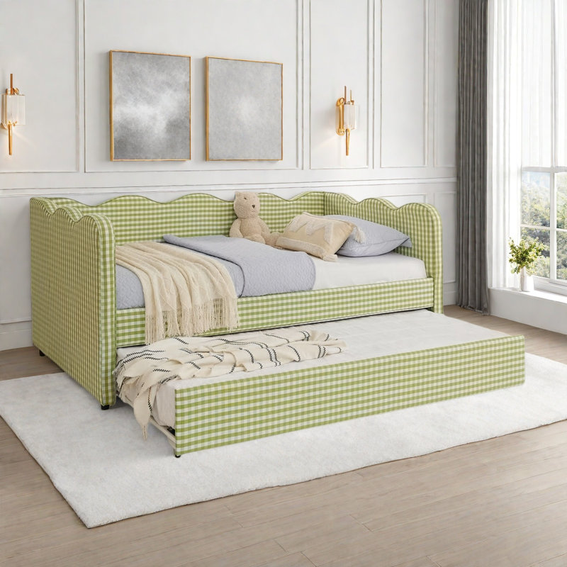 Lit de jour confortable avec couchette, port USB et adorable forme de vague, Vert