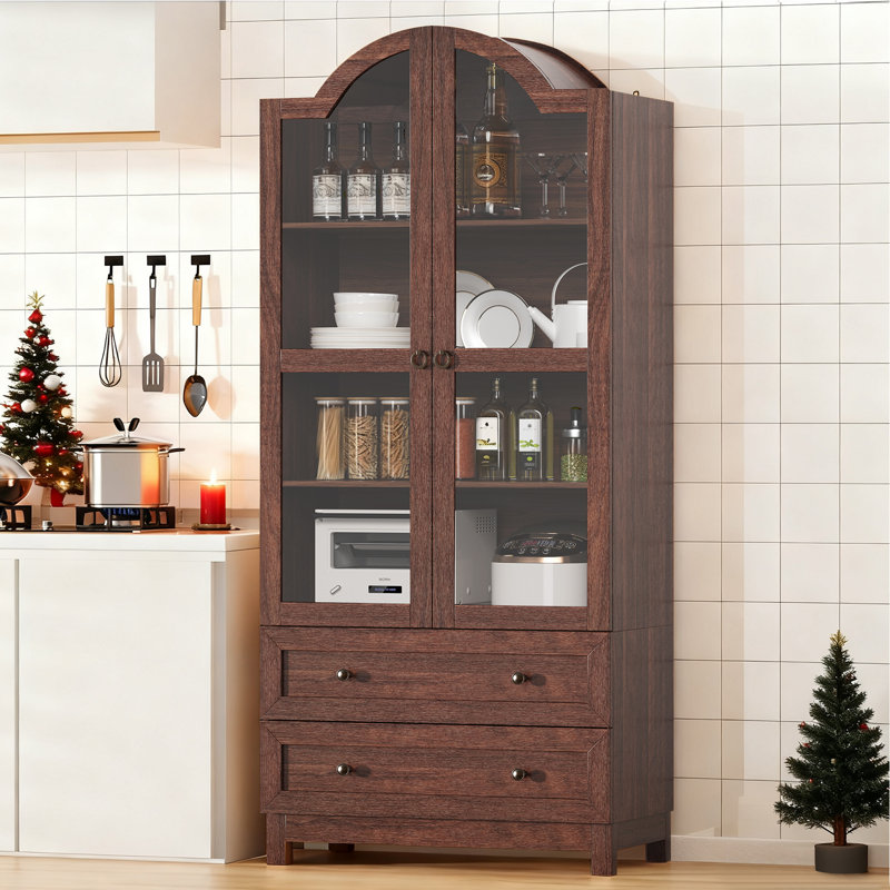 Armoire de cuisine de 71 po de haut avec arche, armoire de cuisine en bois rétro avec 2 grands tiroirs, armoire de rangement à 4 niveaux avec tablette réglable
