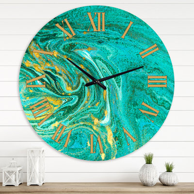 Or et vert marbré texture ondulée I - horloge murale moderne