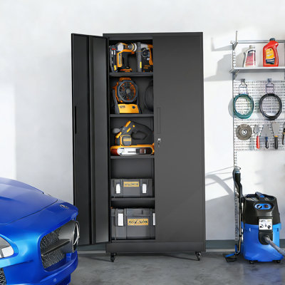 Heavy Duty Rolling Garage Storage Cabinet With Lockable Wheels, 4 Adjustable Shelves, And 3-Point Security Lock For Secure Tool Organization.