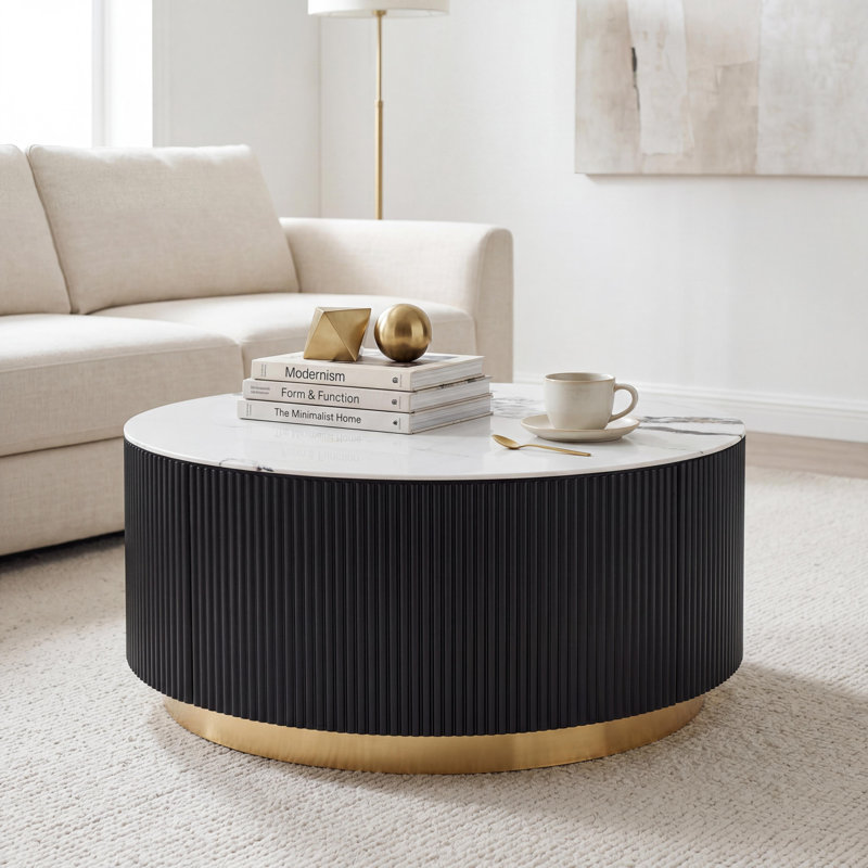 Modern Drum Coffee Table With 2 Solid Wood Drawers, Engineered Stone Tabletop & Fluted Base