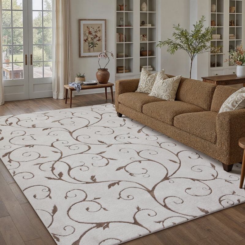 Allover Vine Cotton Velvet Indoor Area Rug With Non-Slip Backing, Rectangle 8' x 10', Beige