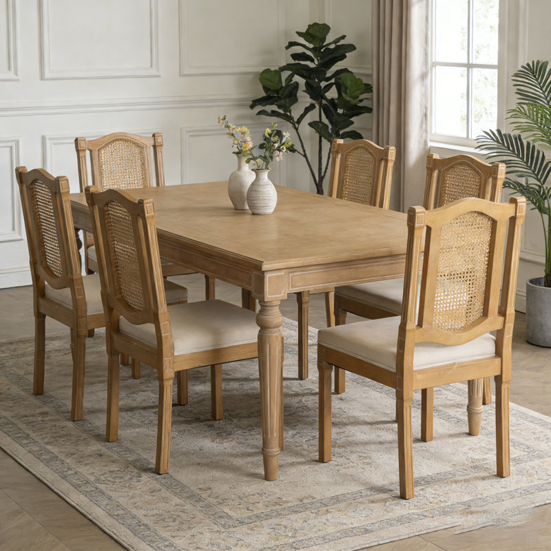 Chaise en bois massif à dossier en rotin, Beige