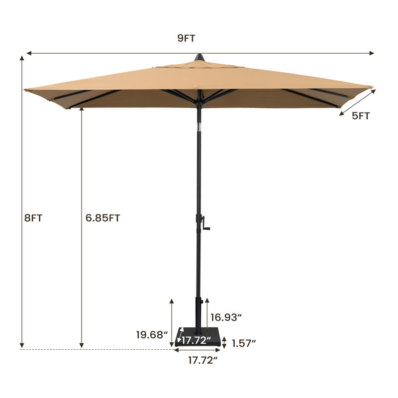 Parasol de marché rectangulaire inclinable 106 po x 60 po avec base lestée, Tanné