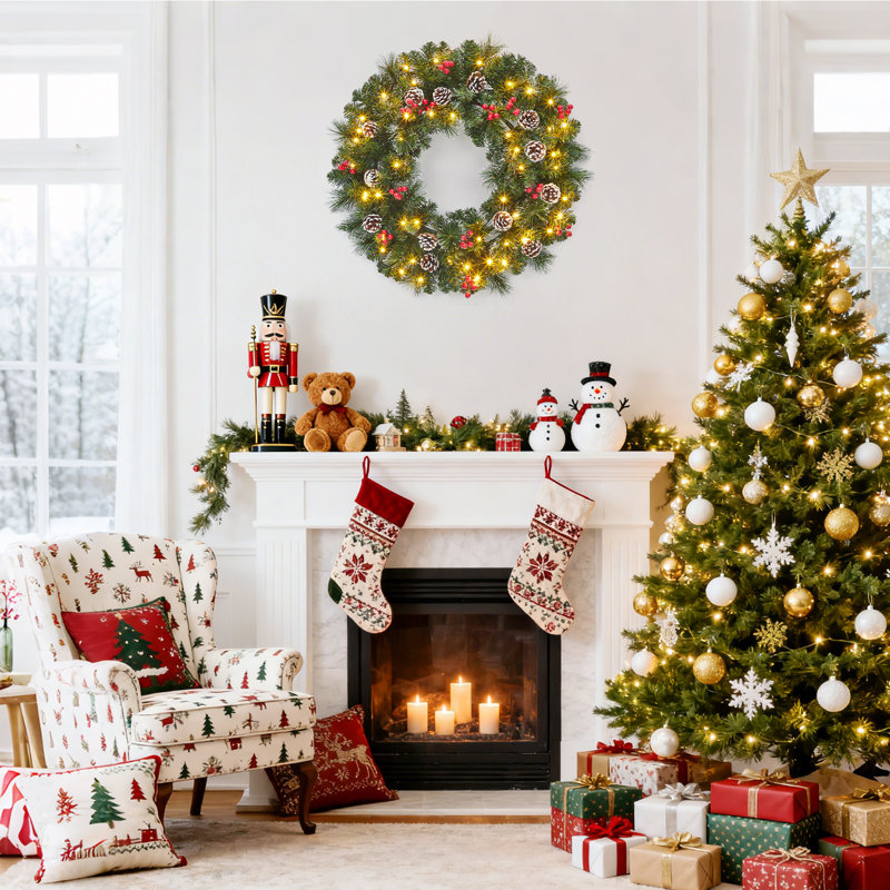 Couronne de Noël de 24 pouces pour la porte d'entrée, couronnes de Noël artificielles pré-éclairées avec 50 lumières DEL