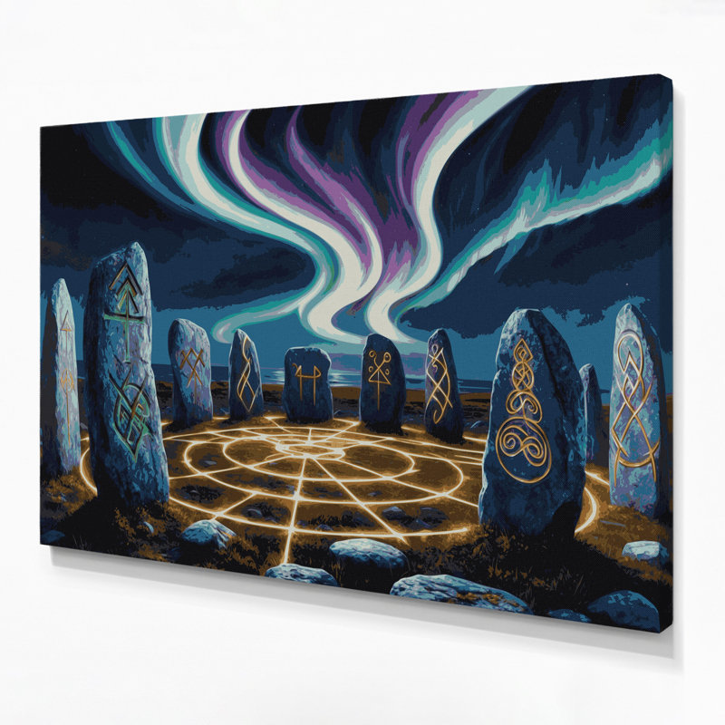 «Sci Fi Norse rune pierre cercle», art mural sur toile grise, H 8 po x l 10 po