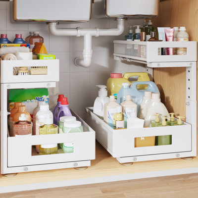 Under Sink Organizer, 2-Pack 2-Tier Pull Out Cabinet Organizer With Adjustable Height, Large Metal Mesh Shelf For Kitchen Bathroom Cabinet Storage