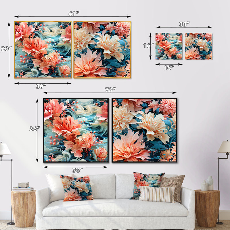 Midland - Ensemble de 2 collages carrés floraux, Cadre flottant brun, H 36 po x l 73 po