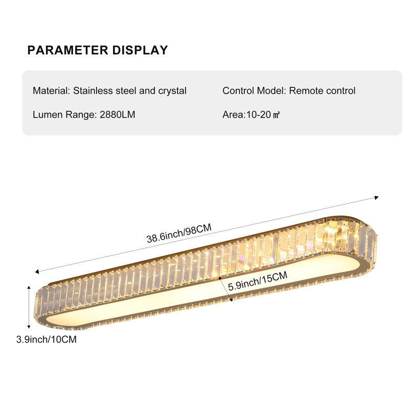 Tranae 1 - Light Simple Rectangle Crystal LED Dimmable Flush Mount, 38.6" W x 5.9" D