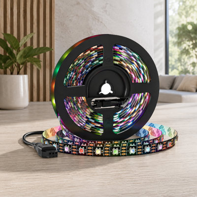 UL Listed, individually addressable RGB LED strip with alloy wire and adhesive tape; the 16.4FT DC5V 5050SMD strip has 60LED/m, 300Pixel, IP30 protection, and is intended for DIY chasing-color projects. Adapter and controller are not included.