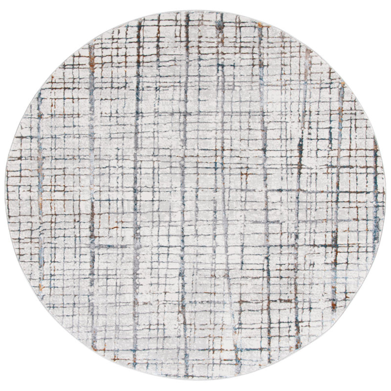 Geometric Ivory/Brown/Blue Area Rug, Round 6'7"