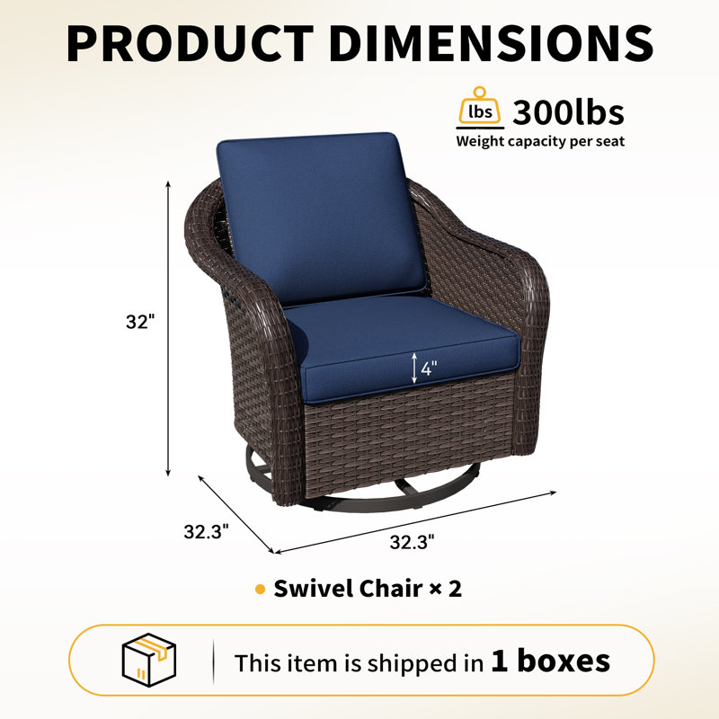 360° Swivel Chairs,  PE Wicker Outdoor Patio Set with 4" Blue Cushions (Set of 2), Blue
