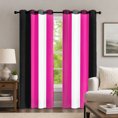2 pièces de rideaux à rayures roses, blanches et noires, des rideaux à motifs géométriques, des panneaux à œillets aux couleurs vives et modernes, un habillage de fenêtre pour le décor de la chambre à coucher