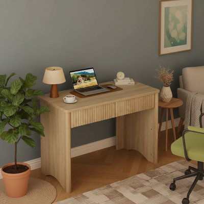 Modern 40-Inch Fluted Wood Desk With Drawers, Multi-Functional Laptop Workstation Ideal For Home Office, Bedroom & Dorm