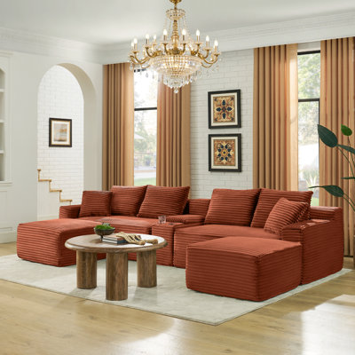 Multifunctional Modular Corduroy Sofas With Usb, Modern Style, Orange