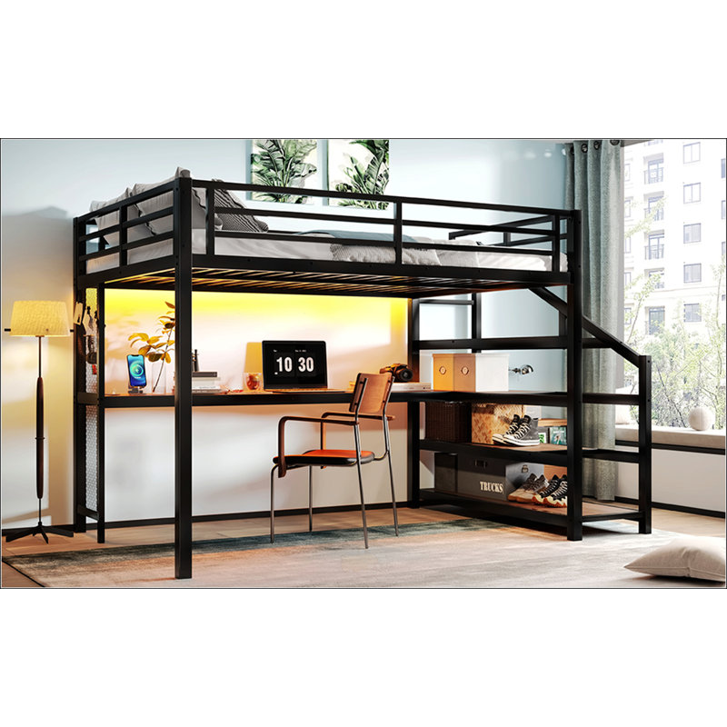 Grand lit mezzanine en métal avec bureau et escalier de rangement, éclairage à DEL intégré et ports de chargement USB, filet de fer suspendu, bouchons en caoutchouc réducteurs de bruit et cadre en acier résistant à la rouille Assemblage facile