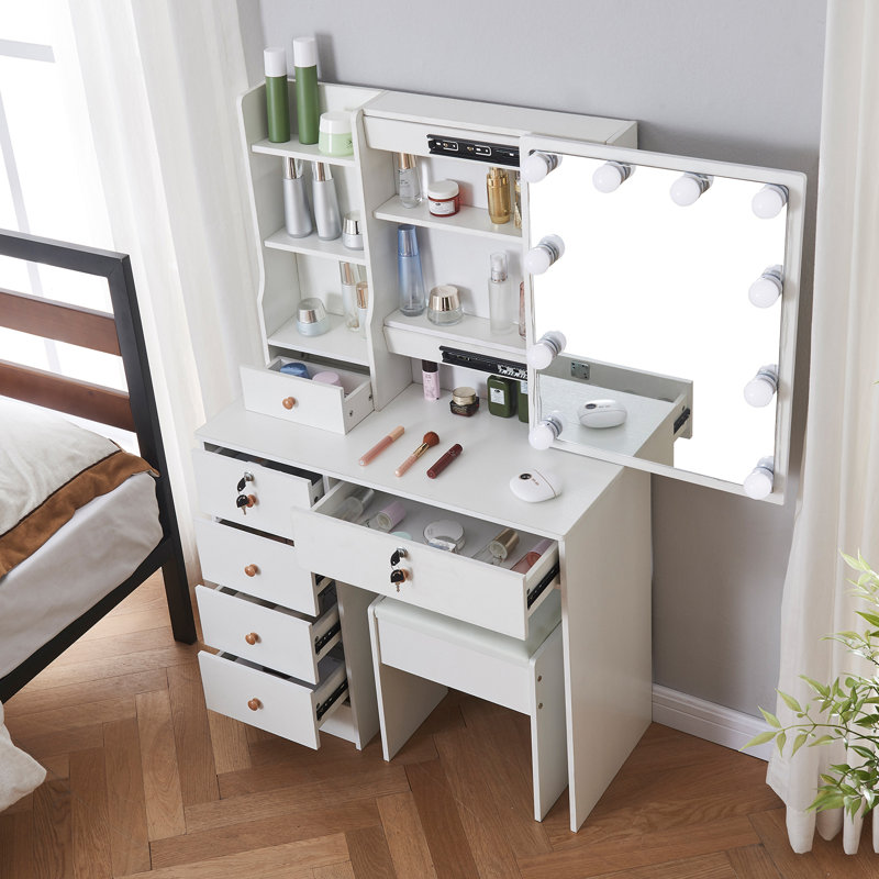 Ensemble de meuble-lavabo avec miroir lumineux à DEL avec tabouret et 6 tiroirs