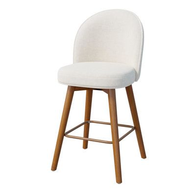 Tabouret de bar moderne à hauteur de comptoir avec dossier, revêtement en chenille blanc, pieds non pivotants en bois d'hévéa avec finition noyer