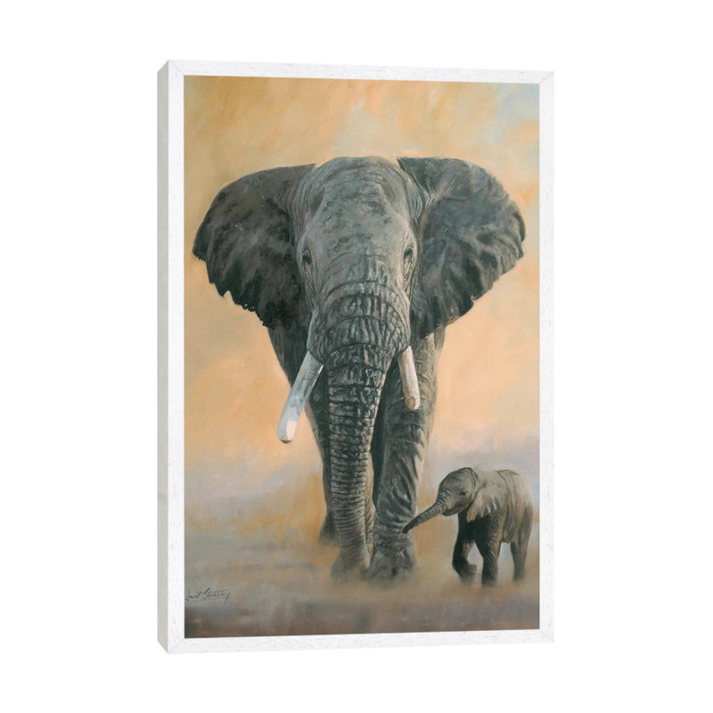 Elephant And Baby by David Stribbling - Painting on Canvas, 66.04 cm H x 45.72 cm W, White Framed