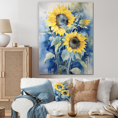 Jaune, bleu, tournesol doré, impression sur toile florale