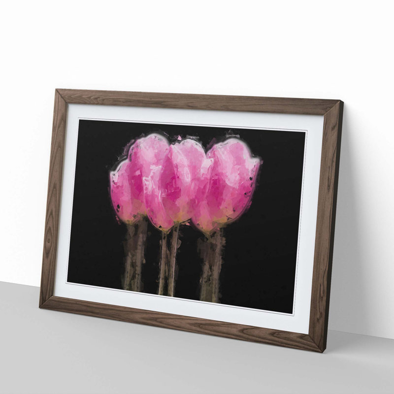 Row of Pink Tulips in Abstract - Picture Frame Painting Print, 60cm H x 91cm W x 2cm D, Walnut