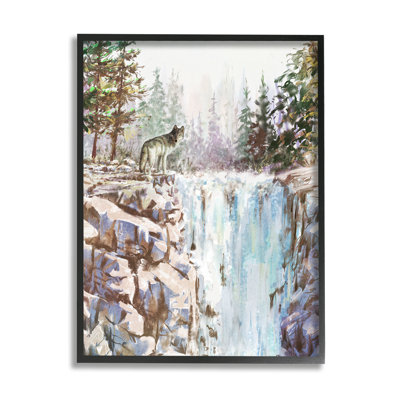 " Wolf Near Rocky Waterfall Cliff "